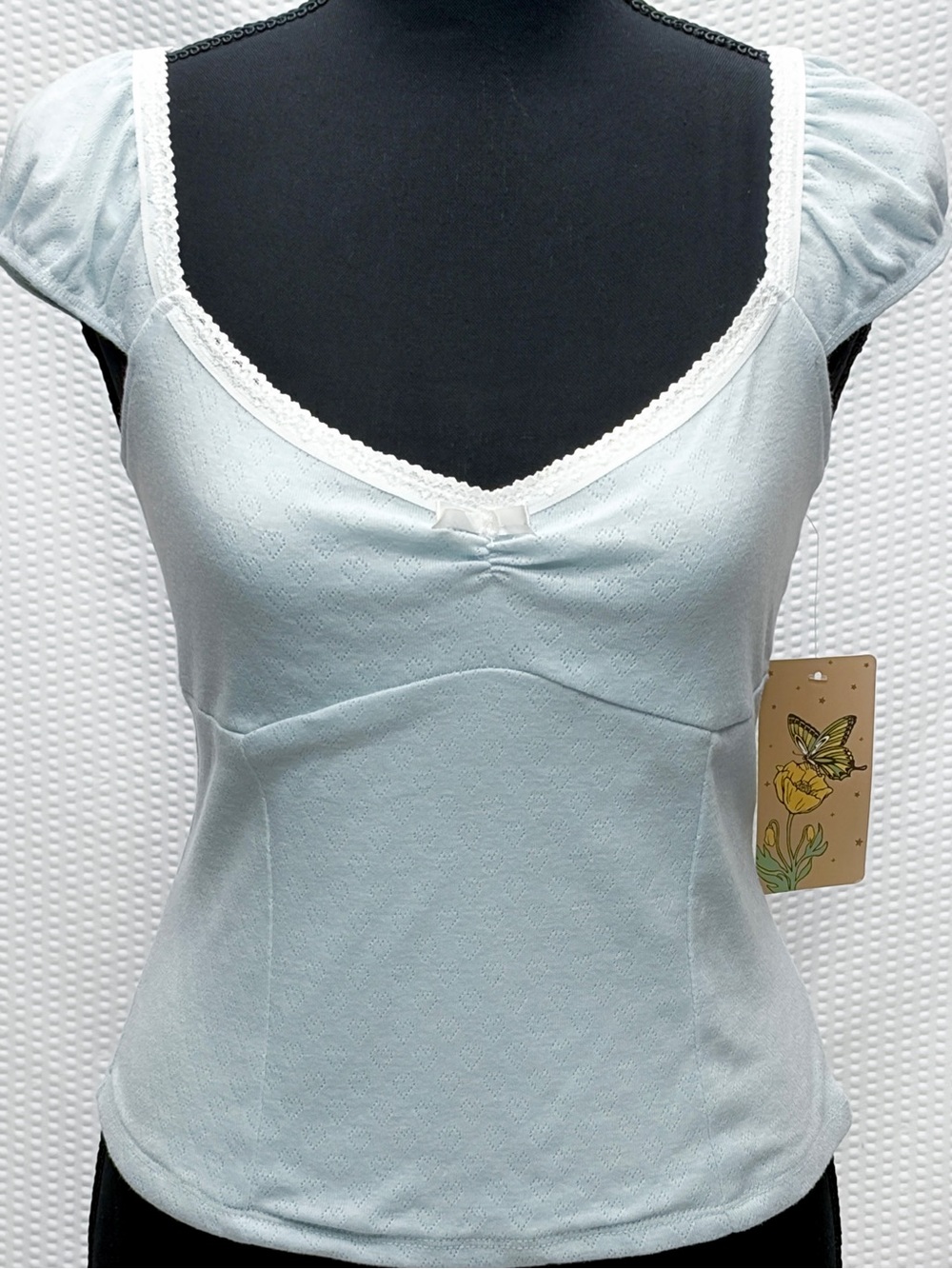 Persaya Pointelle Knit Ruffle Strap Top Blue Cottagecore Women’s Large